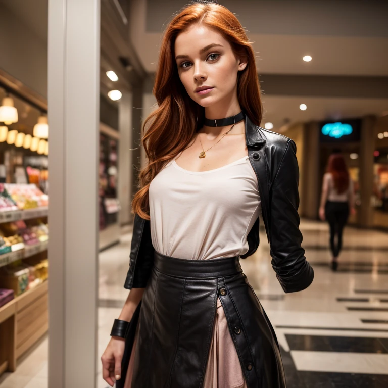 mall shopping with friends, happy girlfriends, high-low handkerchief skirt, leggings, shirt dress, empire dress, leather choker, kiper, acanthus, adansonia, ponderosa, segolily nose, lupine, irish genes, dark hazel eyes, scottish nose, high forehead, beady hazel eyes, ginger,  hunger, skinny female magician, rough skin, copper hair, cyberposh, deep eye pits, pale-pink skin, slender body, fine detail