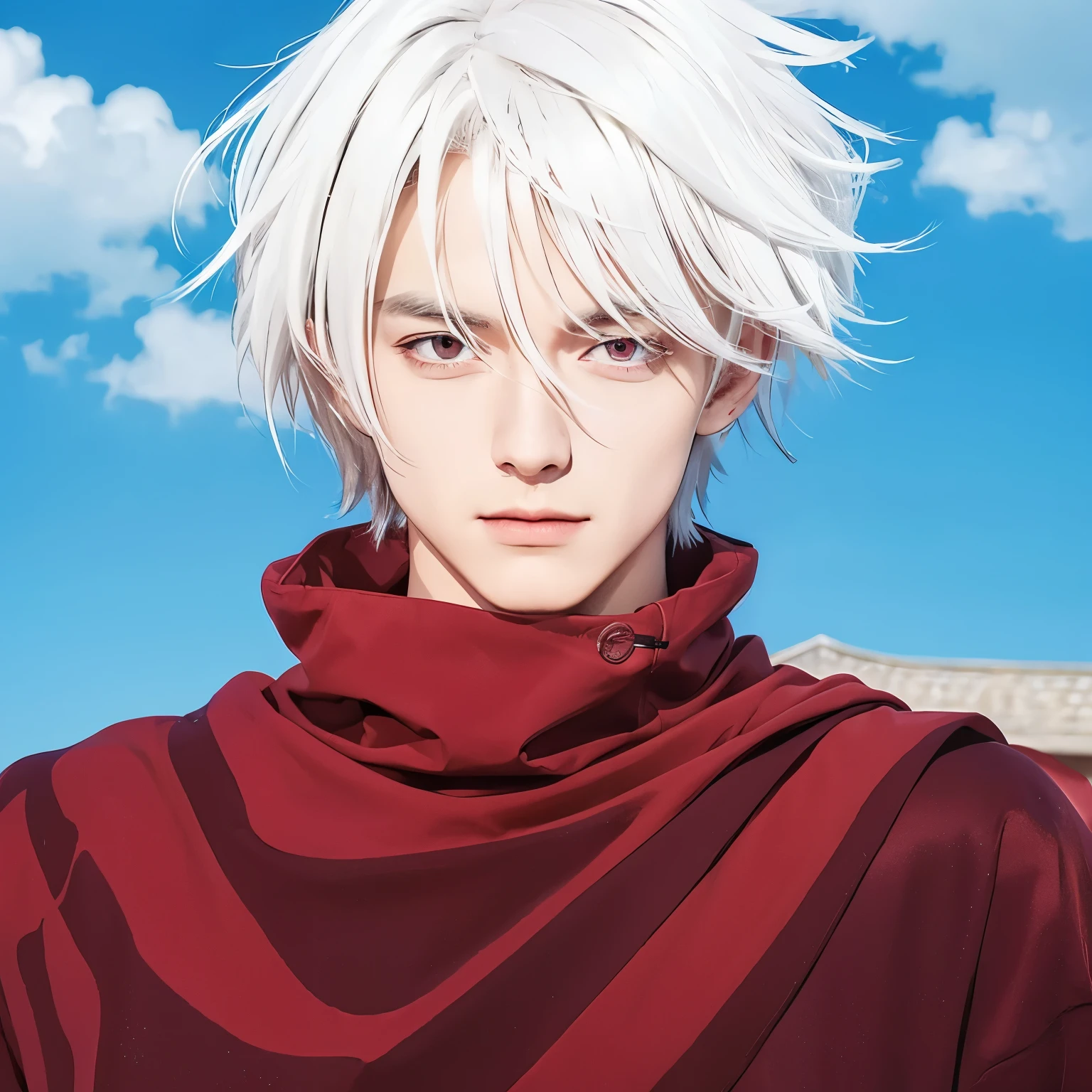 A handsome man with white hair, red eyes, cool expression, wearing exactly the same clothes, realistic light, realistic shadows, realistic background, good image quality, realistic 