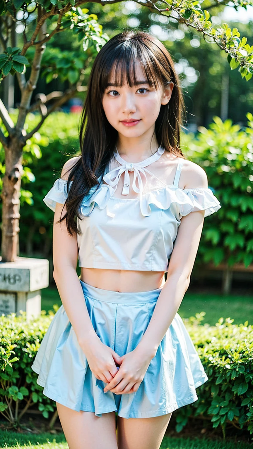 (8k、RAW Photos、Highest quality、masterpiece:1.2)、(Realistic、Realistic)、1 person、((White, black and light blue mini skirt、blouse、I can see my belly button、See-through、Frills、Shoulder visible、garden、Breast enlargement、boots、ribbon、Thin legs、whole body、View from the front、Looking into the camera、Stand with hands on hips))、cute