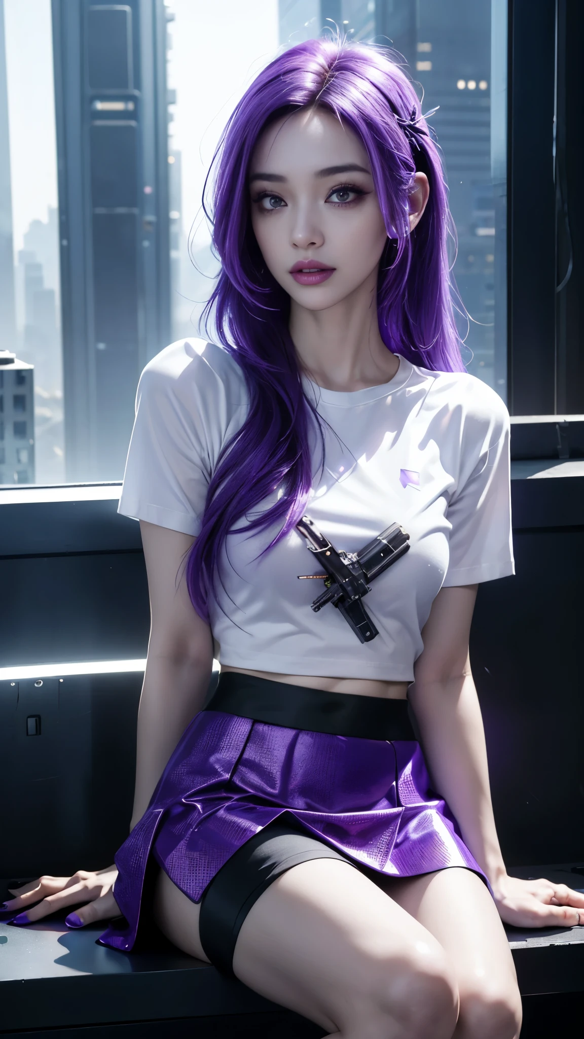 8k, UHD, masterpiece, 1 girl, ((good face)), very long hair, light makeup, (white skin:1.2), detailed eyes, detailed lips, small bust, simple cyberpunk clothing, ((purple t-shirt)), ((mini skirt)), (cyberpunk lighting:1.4), ((building)), light effect, light reflection, cyberpunk, cybercity, futuristic, (night), ray tracing, bloom, perfect pose,sitting,