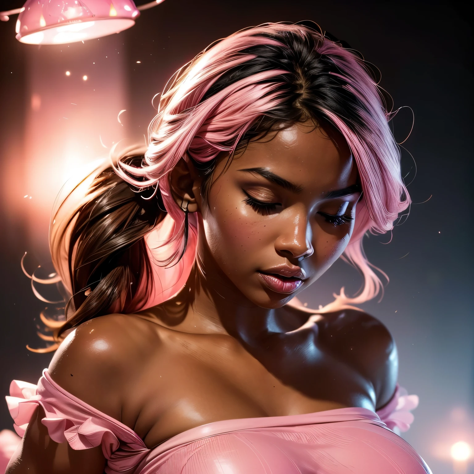 1girl, in laboratory, (18 years old), (dark skin), dark skin, wide shot, light blue eyes, long wavy hair, blond hair, orgasm, (floral sun dress), (Masterpiece, Professional lighting, 16k, 8k wallpaper, raw photo, photo realistic:1.8, ultra detailed, natural lighting, detailed skin sexy pose, open mouth, big lips, night time, magic energy, neon light, orgasm, pink