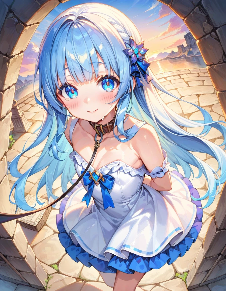 masterpiece, best quality, extremely detailed, (illustration, official art:1.1), 1 girl ,(((( light blue long hair)))), ,(((( light blue long hair)))),light blue hair, , long hair ((blush)) , cute face, big eyes, masterpiece, best quality,(((((a very delicate and beautiful girl))))),Amazing,beautiful detailed eyes,blunt bangs((((little delicate girl)))),tareme(true beautiful:1.2), sense of depth,dynamic angle,,,, affectionate smile, (true beautiful:1.2),,(tiny 1girl model:1.2),)(flat chest) ,,((crying)),((((twitching)))),White dress,,sunset,from above,viewer holding leash,collar,restrained, handcuffs, Japanese-style room、gravesite、ruins
