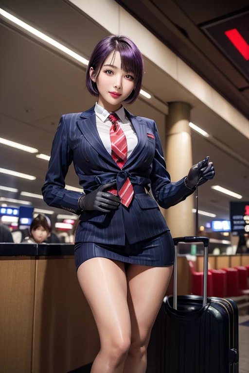 Highest quality,Ultra HD,(((whole body,with legs)))、(((Japanese flight attendant uniform 1.6))), (((Red striped tie, Tight Skirt,best-dressed uniform、Tekast, white formal short gloves,(黒のHigh heels), ((holding a mini microphone)),Japan CA,A small smile,白いTight blouse)))、((navy bowler hat 1.4)), White gloves, High heels、(Realistic:1.4)、(Surreal:1.4)、(Realistic:1.3)、 (Gentle lighting: 1.05)、32K、 One Woman、35-year-old woman、Realistic Lighting、Backlight、Facial Light、Ray Tracing、(bright:1.2)、(Improvement of quality:1.4)、 (Highest qualityのリアルテクスチャスキン)、Beautiful Eyes,delicate and elegant features, White blouse,Tight blouse,tight best-dressed uniform, (Show your body line beautifully:1.1),((Glowing Skin 1.4))、((Short bob with purple hair 1.5)),Korean Idol、Idol Pose、A small smile,blush,Beautiful actress、A proper woman,whole body, (((Small breasts))),(Perfect teeth alignment),narrow waist and hips,Beautiful feet,Full Shot)、(((charm、Embarrassing))),(eye shadow),((Red cheeks、Red lips)),Very beautiful night view、At night,A small smile,(((Full Shot)))、(((airport terminal background 1.5))),