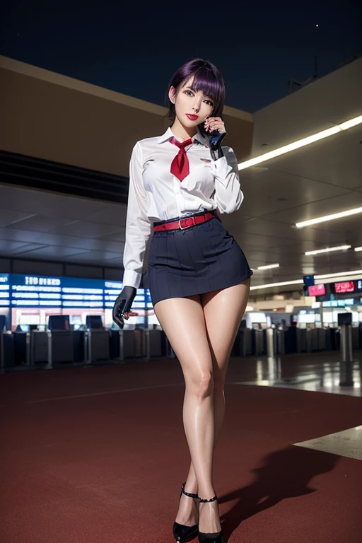 Highest quality,Ultra HD,(((whole body,with legs)))、(((Japanese flight attendant uniform 1.6))), (((Red striped tie, Tight Skirt,best-dressed uniform、Tekast, white formal short gloves,(黒のHigh heels), ((holding a mini microphone)),Japan CA,A small smile,白いTight blouse)))、((navy bowler hat 1.4)), White gloves, High heels、(Realistic:1.4)、(Surreal:1.4)、(Realistic:1.3)、 (Gentle lighting: 1.05)、32K、 One Woman、35-year-old woman、Realistic Lighting、Backlight、Facial Light、Ray Tracing、(bright:1.2)、(Improvement of quality:1.4)、 (Highest qualityのリアルテクスチャスキン)、Beautiful Eyes,delicate and elegant features, White blouse,Tight blouse,tight best-dressed uniform, (Show your body line beautifully:1.1),((Glowing Skin 1.4))、((Short bob with purple hair 1.5)),Korean Idol、Idol Pose、A small smile,blush,Beautiful actress、A proper woman,whole body, (((Small breasts))),(Perfect teeth alignment),narrow waist and hips,Beautiful feet,Full Shot)、(((charm、Embarrassing))),(eye shadow),((Red cheeks、Red lips)),Very beautiful night view、At night,A small smile,(((Full Shot)))、(((airport terminal background 1.5))),