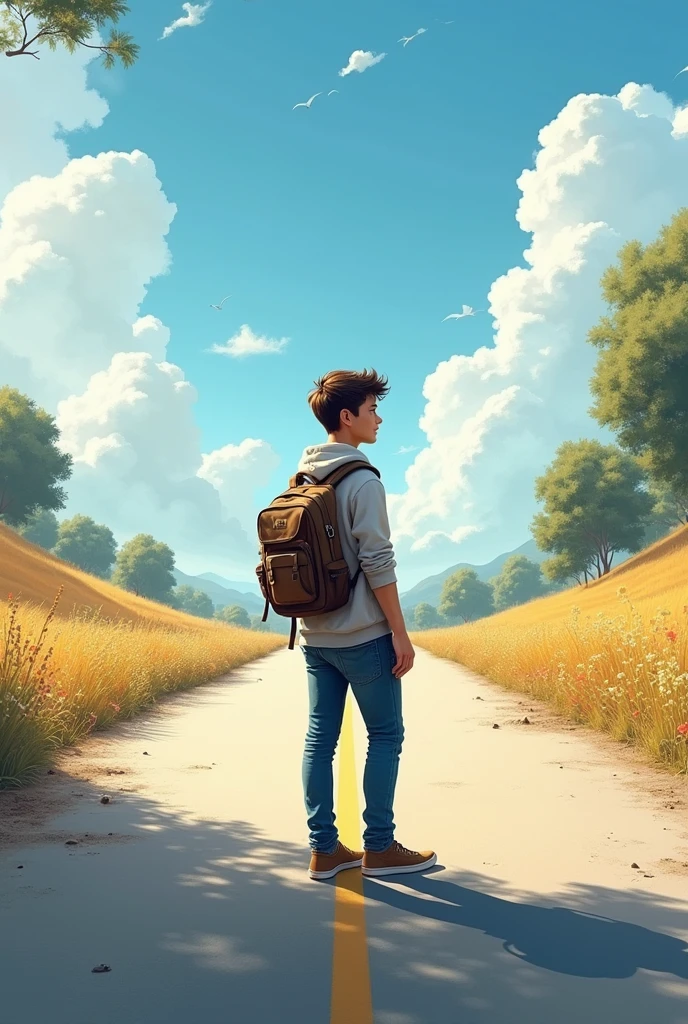 Young man with his back to the street
bald road with a backpack on his back