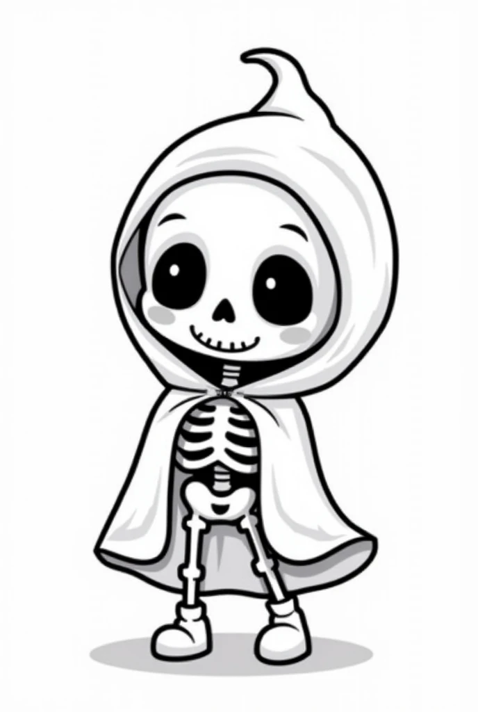 Cute and kawaii Halloween skeleton with hood and cape coloring Page, simple for toddlers, bold and easy, black bold lines White background, for a coloring book black and white, líne art, only outlines but the design is simple and bold