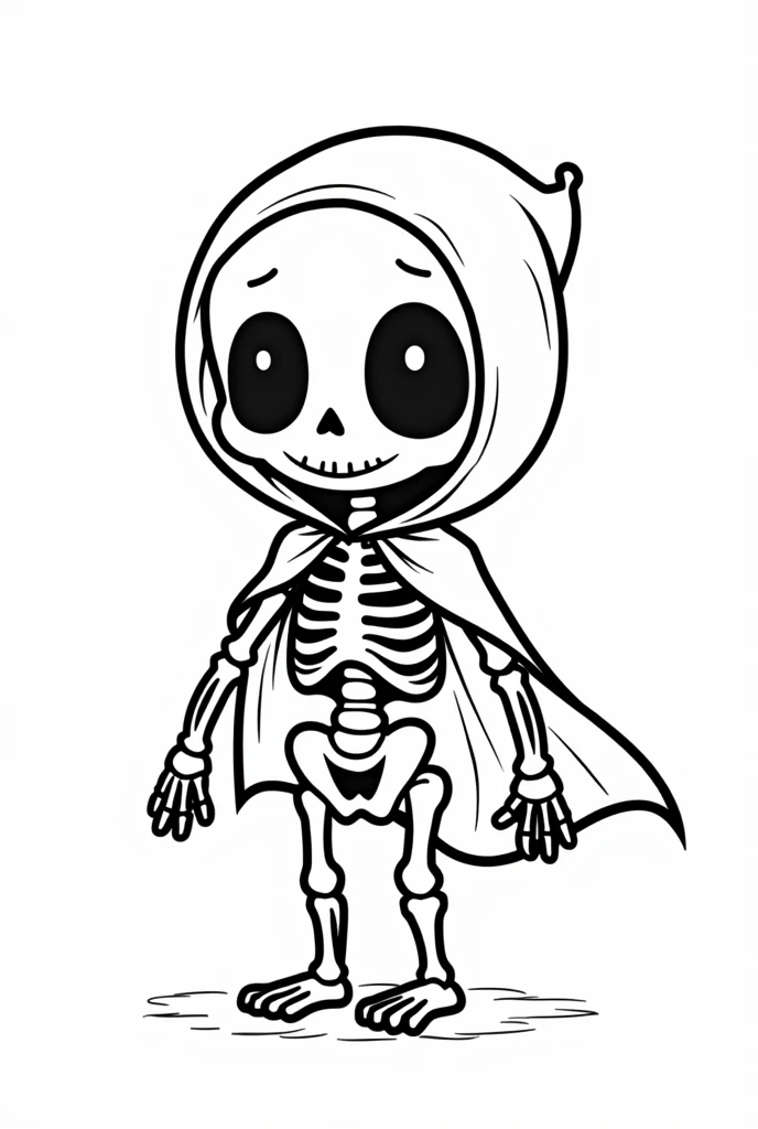 Cute and kawaii Halloween skeleton with hood and cape coloring Page, simple for toddlers, bold and easy, black bold lines White background, for a coloring book black and white, líne art, only outlines but the design is simple and bold