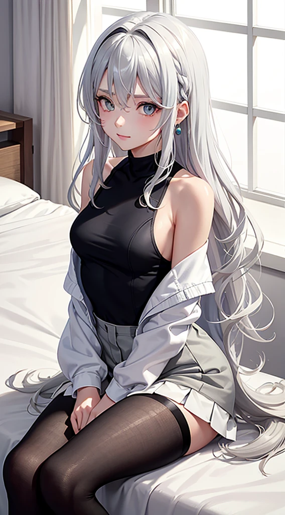 Character Details:, - Gender: 1 Girl.
- Style: Anime, - Body Type: Attractive body, nice body, nice legs, slim tights, nice arms, nice shoulders. - Breast: (Small Breast:1.2)- Facial Feature: Beautiful, Gorgeous, ager, Fresh, Young.
- Expression: Small smile, shy Look, (blue pink eyes). - Hairstyle: Blunt Bangs. - Hair Color: (White Grey Hair:1.5), (Straight and Wavy Long Hair:1.3),
- Clothing: (Yellow Urban Jacket, Black Tank Top, White Knife Pleated Shirt, Stocking.). - Body Pose: (Sitting on bed:1.3), (Hands down).. - Behaviour: Waiting, Want Something, Secretly.
- Accessories: Earrings, thin Black Headband, Green Hair Accessories, Environmental Details:, - Setting: Bed Room., - Lighting: Natural Light., - Decoration: Modern Bed, Chair, Window, White Curtain, City View. Top view. pov, anime style, UHD, retina, masterpiece, accurate, anatomically correct, textured skin. One Hand on cheek, one hand down.