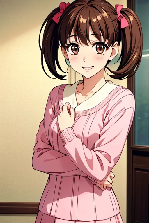 Yumi Fukuzawa、Shiny brown hair,Medium Hair, 、(( , Twin tails、)),美しいBrown eyes、Sparkling eyes, fine grain、smile、Very fine eye、Very detailed顔, Very detailed目,Cowboy Shot、
Highest quality, Very detailed, Very delicate and beautiful, High resolution, Very detailedCG, masterpiece,
Cowboy Shot,
魅惑的なsmile,
(Medium chest:1.1),
One person, alone, Brown eyes, ,
Pink Sweater, White long skirt,