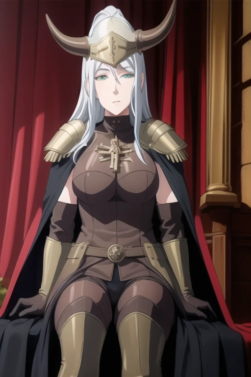 (high quality:1.2), intricate detailed, colorful,
VanessaCromwell, 1girl, mature female, solo, cowboy shot,
looking at viewer, determined,
white hair, long hair, green eyes,
armor, breastplate, shoulder armor, bodysuit, horned helmet, gloves, cape, cloak, (cape covering her arms 1.2)
large breasts,
Room, sitting