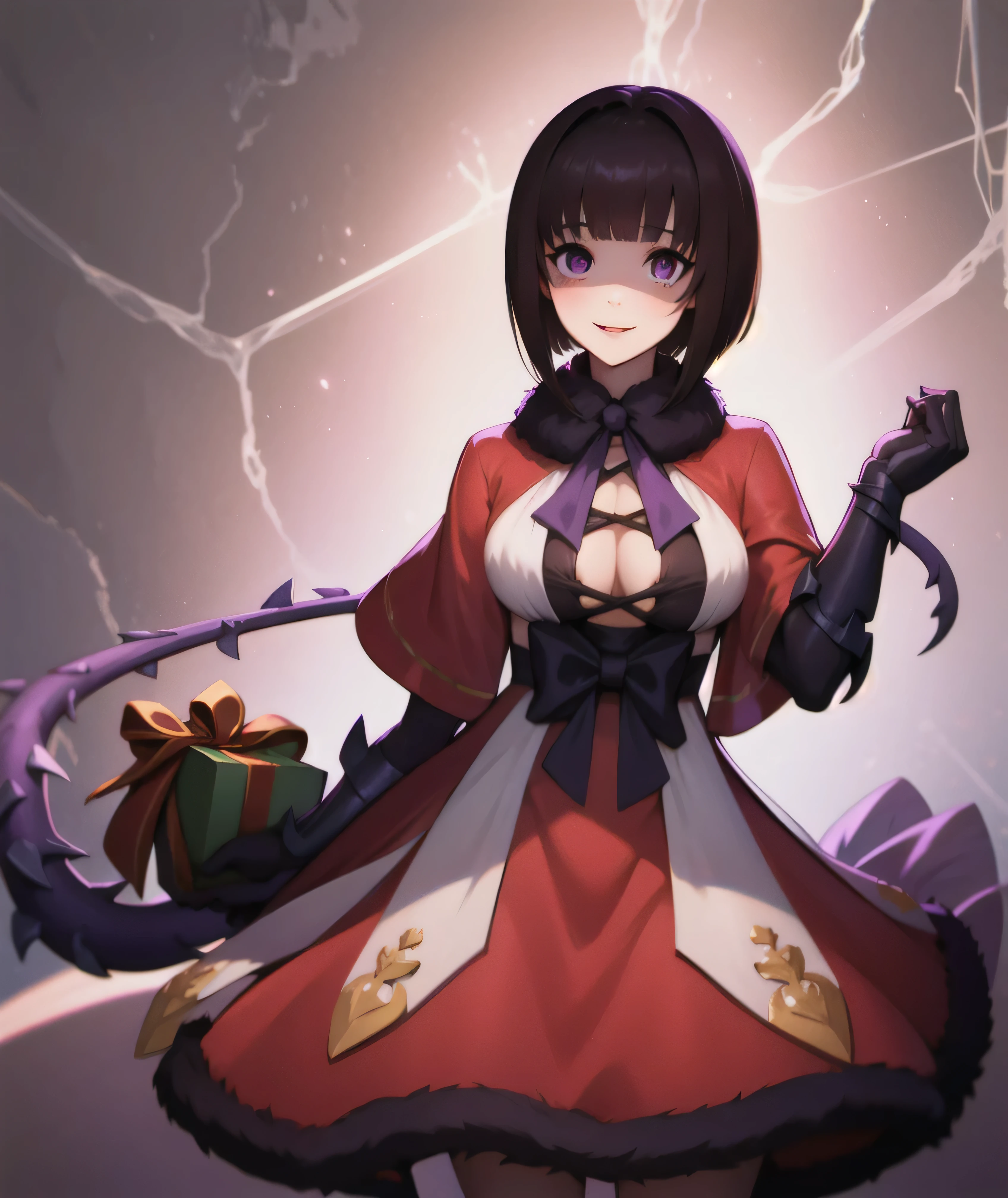 masterpiece, Highest quality, One girl, eric, Purple eyes, Brown Hair, Blunt bangs, Bobcut, Two honjiao, , bare shoulisers, Elbow hand pockets, Gauntlet, reis skirt, Fur trim, View your viewers, :is, IncrsVGift Both, incoming gift, outisoors, evil smile,shaded  face(eyes in shadow),darkness background,devil