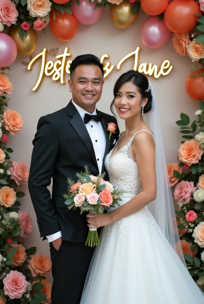 Real  Pinay Pinoy wedding half body man handsome with attire balck and white and women beautiful with gown white with name wall "Jestoni & jane" with flowers baloons butterflies 