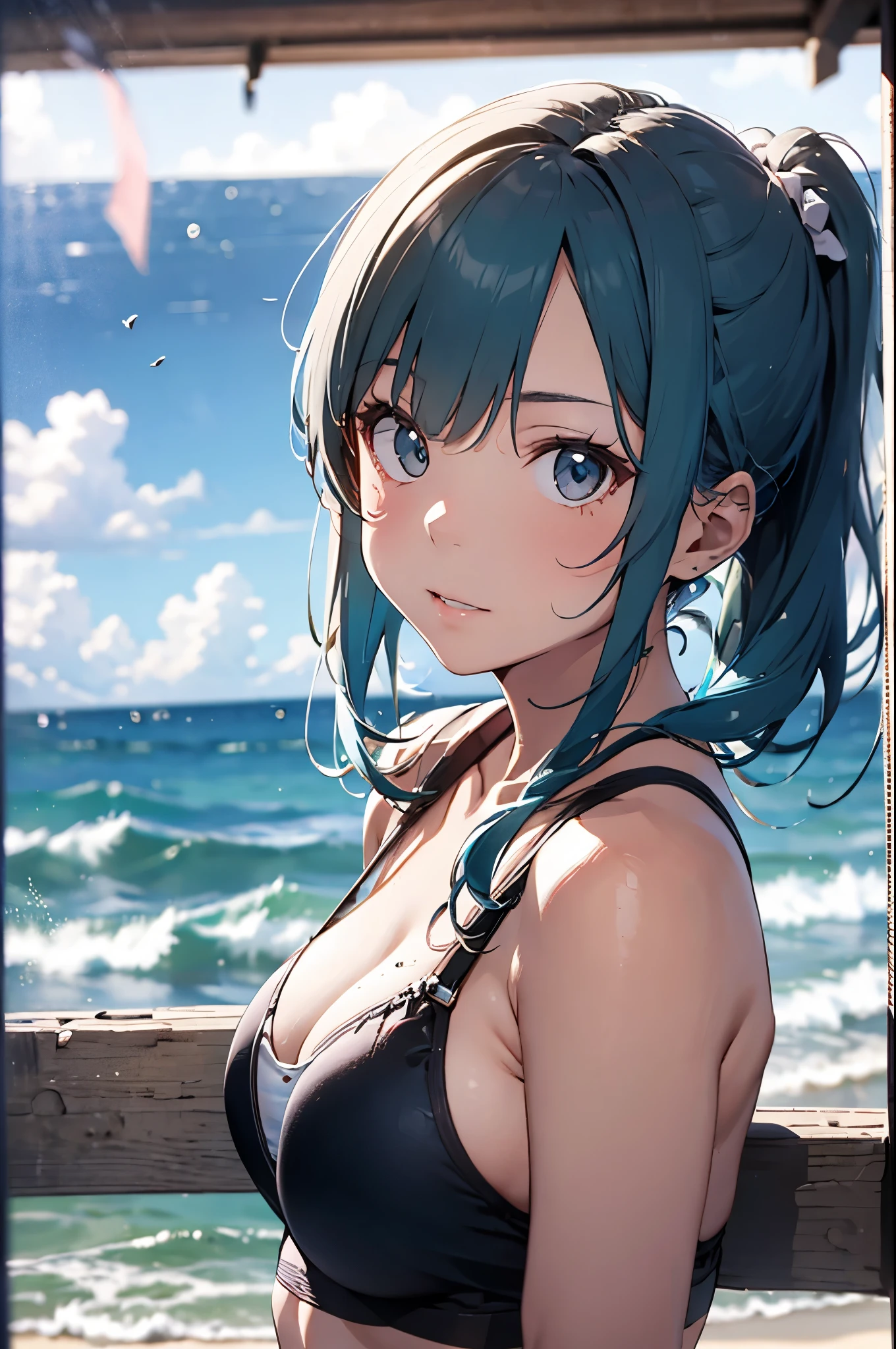 4K,8k,High resolution,
One beautiful young woman,Light blue hair、ponytail、
(Soft Saturation:1.3), (Fair skin:1.2),
(ultra-Detailed Background, Detailed Background), Bokeh,
break&#39;Smiling portrait.,
When viewed from the front, The composition is symmetrical,
Looking straight at you with serious eyes,
break Swimwear, White Bikini, Center of chest, 
Outdoor, Sea surface, null, sunlight,Summer beach, Sandy Beach,
Strong light, Front lighting, 
(:1.3), (Cowboy Shot:1.2),
Front brake angle,
View your viewers,
Dynamic pose,
sitting on the beach

Seaweed、Seaweed、Seaweed、Seaweed、Seaweed、Seaweed、Seaweed、