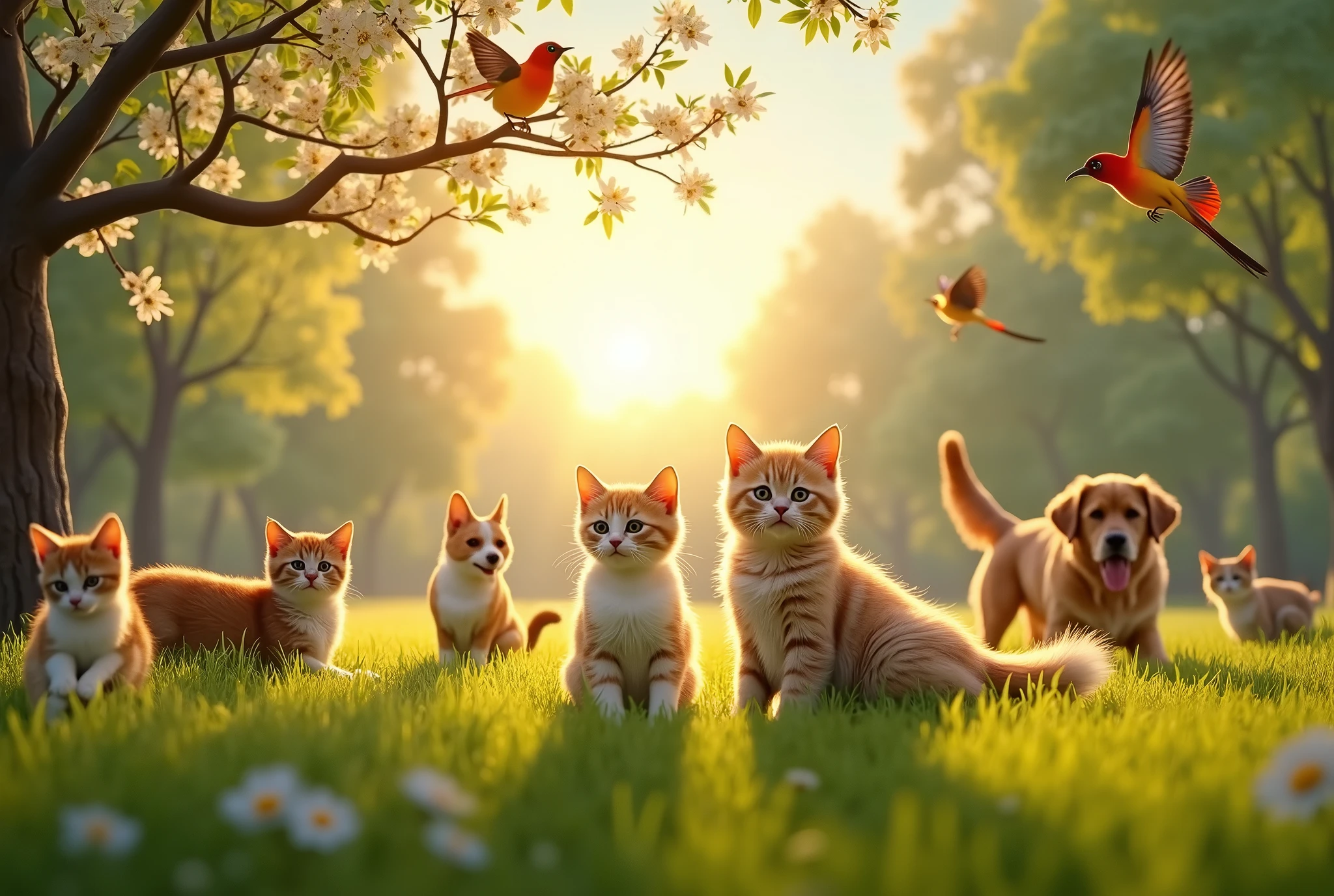 Generate an "realistic" image of A beautiful outdoor scene featuring a group of (((ultra-realistic))) and (((detailed))) cats, dogs, and birds in a lush, green park. The animals interact naturally with their environment—cats lounging in the sun, dogs playing together, and birds perched on tree branches. The image should have perfect lighting, capturing the golden hour of a sunset, with every feature of the animals—eyes, ears, noses, fur, feathers, and limbs—being 100% accurate and lifelike. The background includes vibrant flowers, tall trees, and a clear blue sky, all contributing to a serene, peaceful atmosphere. The image should be sharp, hyper-realistic, ultra-realistic, high-quality, high-definition quality, 8K