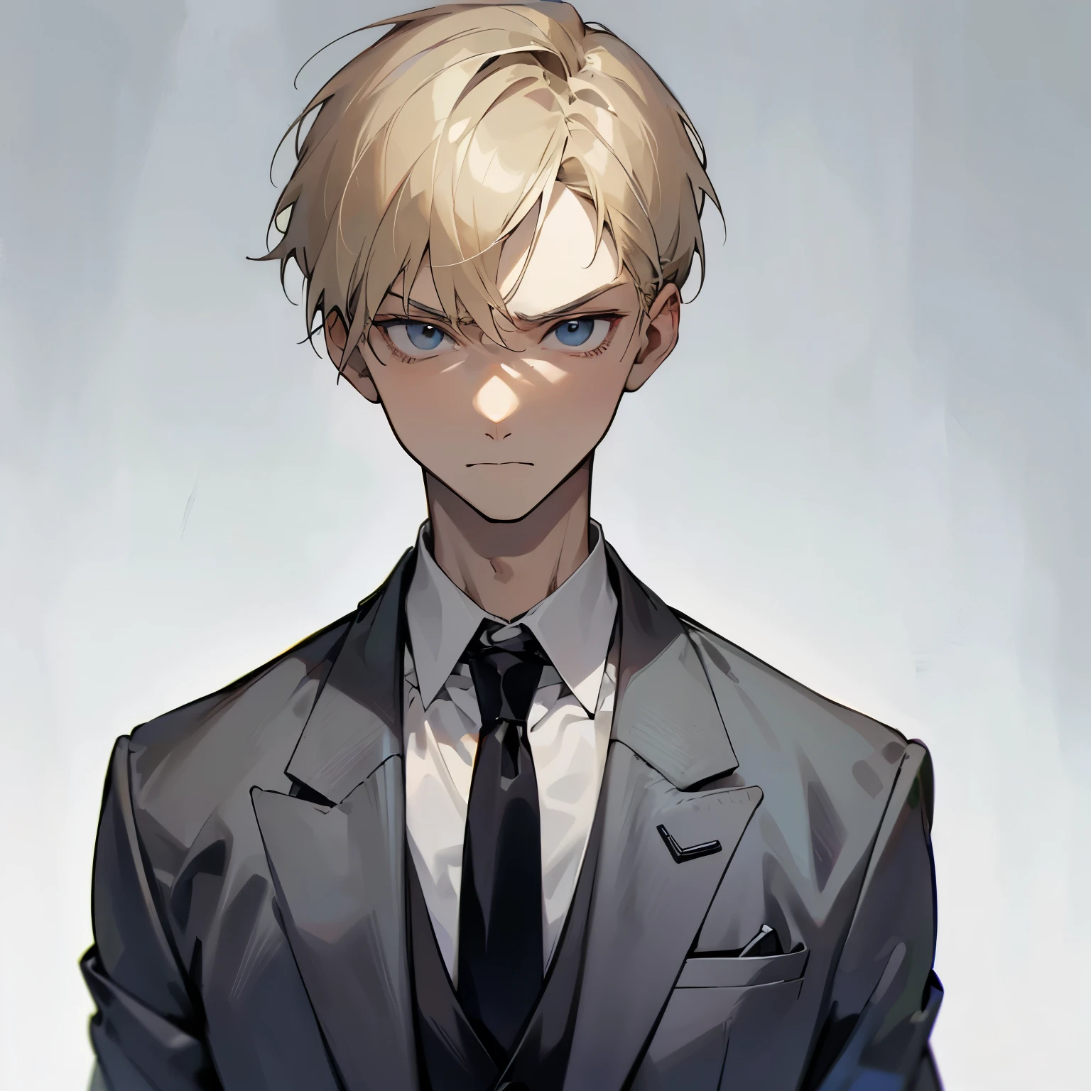 a young blonde short haired male adult, wearing a grey suit and black necktie, plain white background, serious face expression