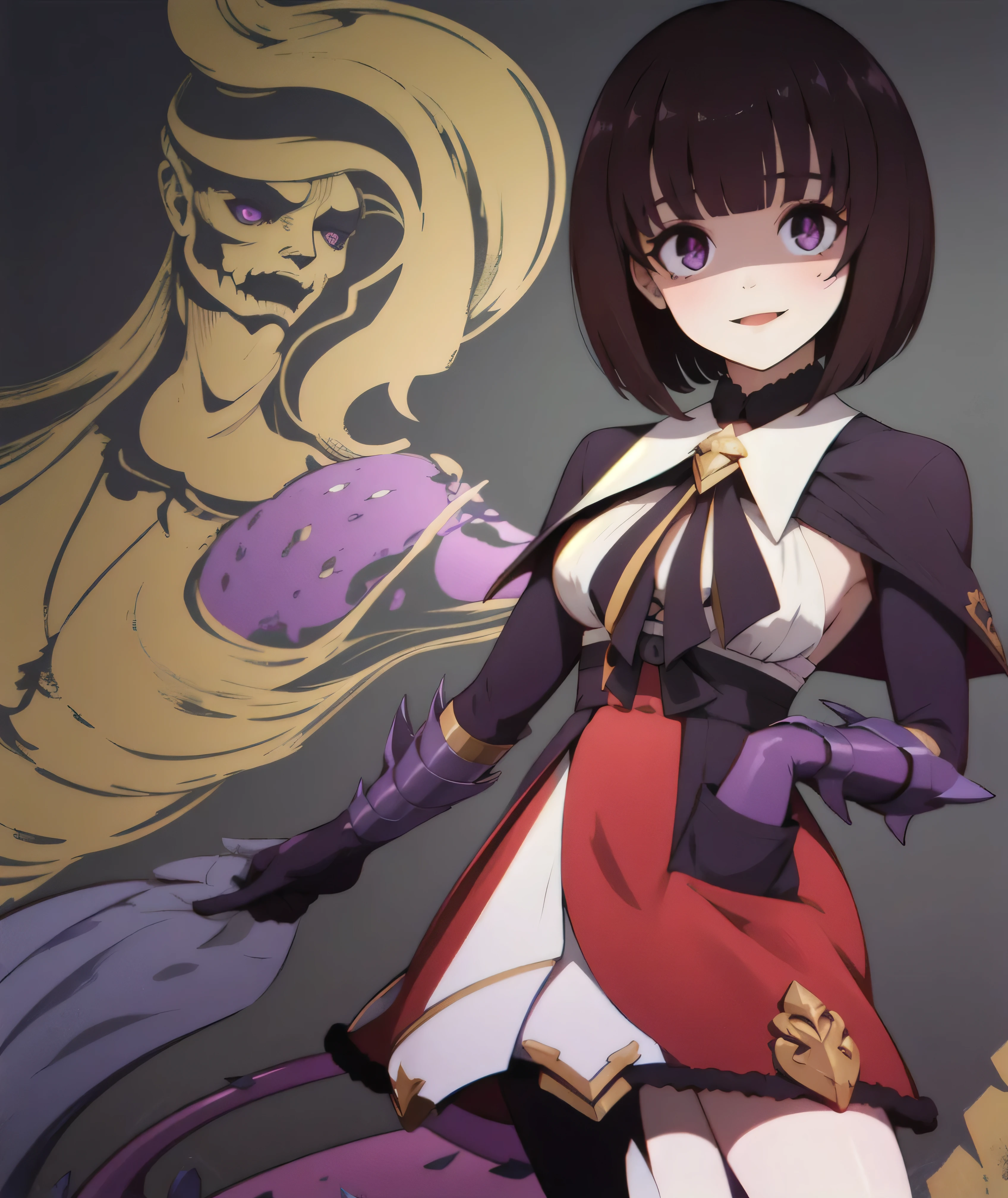 masterpiece, Highest quality, One girl, eric, Purple eyes, Brown Hair, Blunt bangs, Bobcut, Two honjiao, , bare shoulisers, Elbow hand pockets, Gauntlet, reis skirt, Fur trim, View your viewers, :is, IncrsVGift Both, incoming gift, outisoors, evil smile,shaded  face(eyes in shadow),darkness background,devil