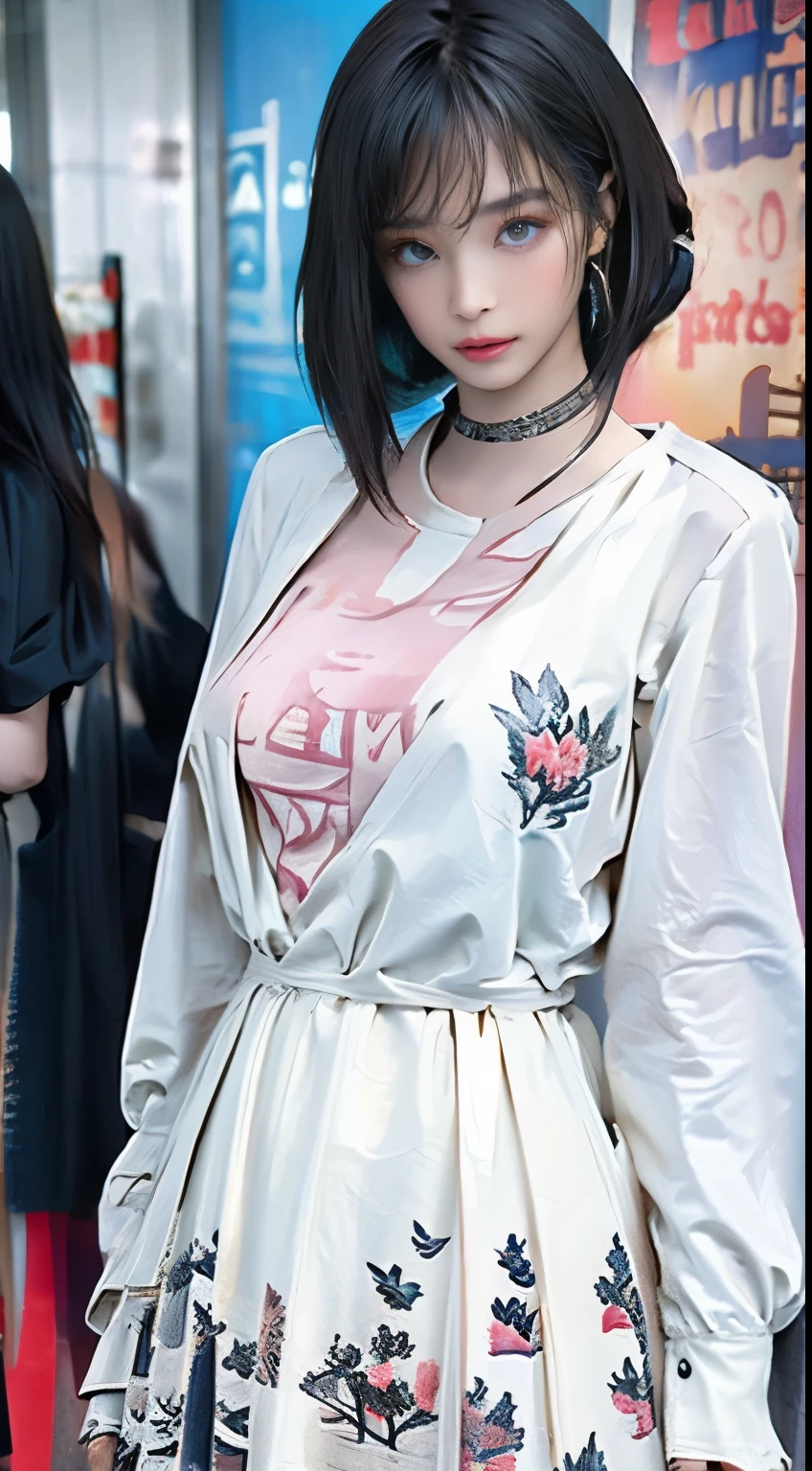 SFW, Tips for the first topic are as follows: quality, 8K, 32K, on the table:1.3), Extremely detailed, (Realistically:1.4), White, Albinism, Punk Girl, Delicate eyes, Upper part of the body, Luxurious Punk Hairstyle, Avant-garde punk fashion, Avant-garde makeup, Multiple piercings, There are a lot of tattoos, Street background, backlight effect, Shallow depth of field, Blurred background", Wear,((Thin waist)), Young Asian Girl,,Reclining back,She's dressed very conservatively.,No skin exposed,Leaning against the art wall,(((Put your hands behind your head,Single leg,loose printed T-shirt,Blue suspenders)))