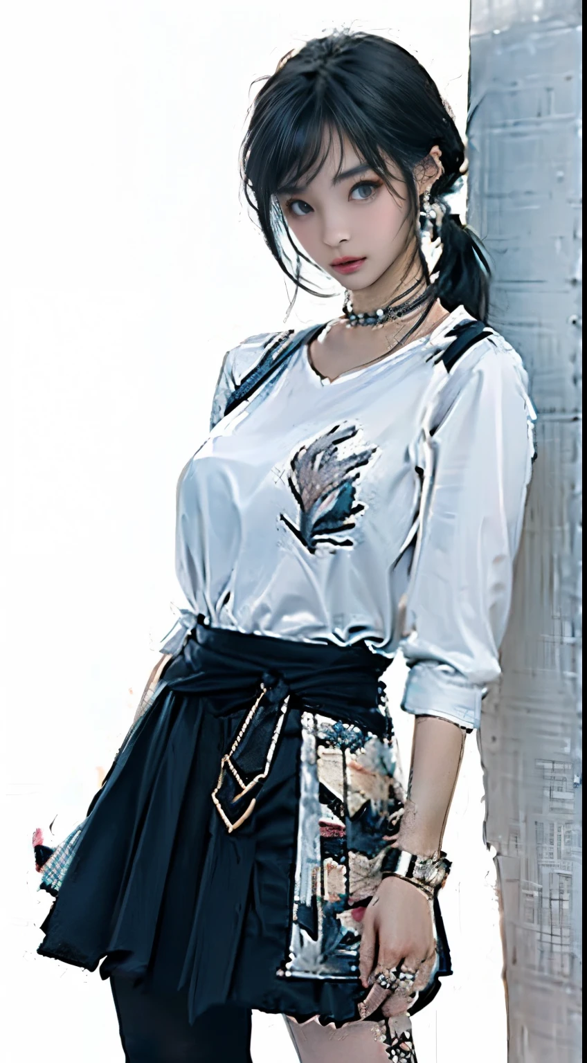 SFW, Tips for the first topic are as follows: quality, 8K, 32K, on the table:1.3), Extremely detailed, (Realistically:1.4), White, Albinism, Punk Girl, Delicate eyes, Upper part of the body, Luxurious Punk Hairstyle, Avant-garde punk fashion, Avant-garde makeup, Multiple piercings, There are a lot of tattoos, Street background, backlight effect, Shallow depth of field, Blurred background", Wear,((Thin waist)), Young Asian Girl,,Reclining back,She's dressed very conservatively.,No skin exposed,Leaning against the art wall,(((Put your hands behind your head,Single leg,loose printed T-shirt,Blue suspenders)))