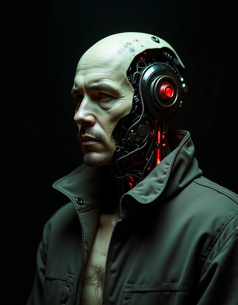 hyperrealism, photorealism, realism, masterpiece, best quality, perfect detail, perfect lighting, cyberpunk photo, realistic portrait, male cyborg, robotic face, half-human, robotic body, rusty body, old exoskeleton, simple black background, darkness, depth of field , bokeh, neon lights, dull colors, muted colors, low light, film grain, analogue photography.
