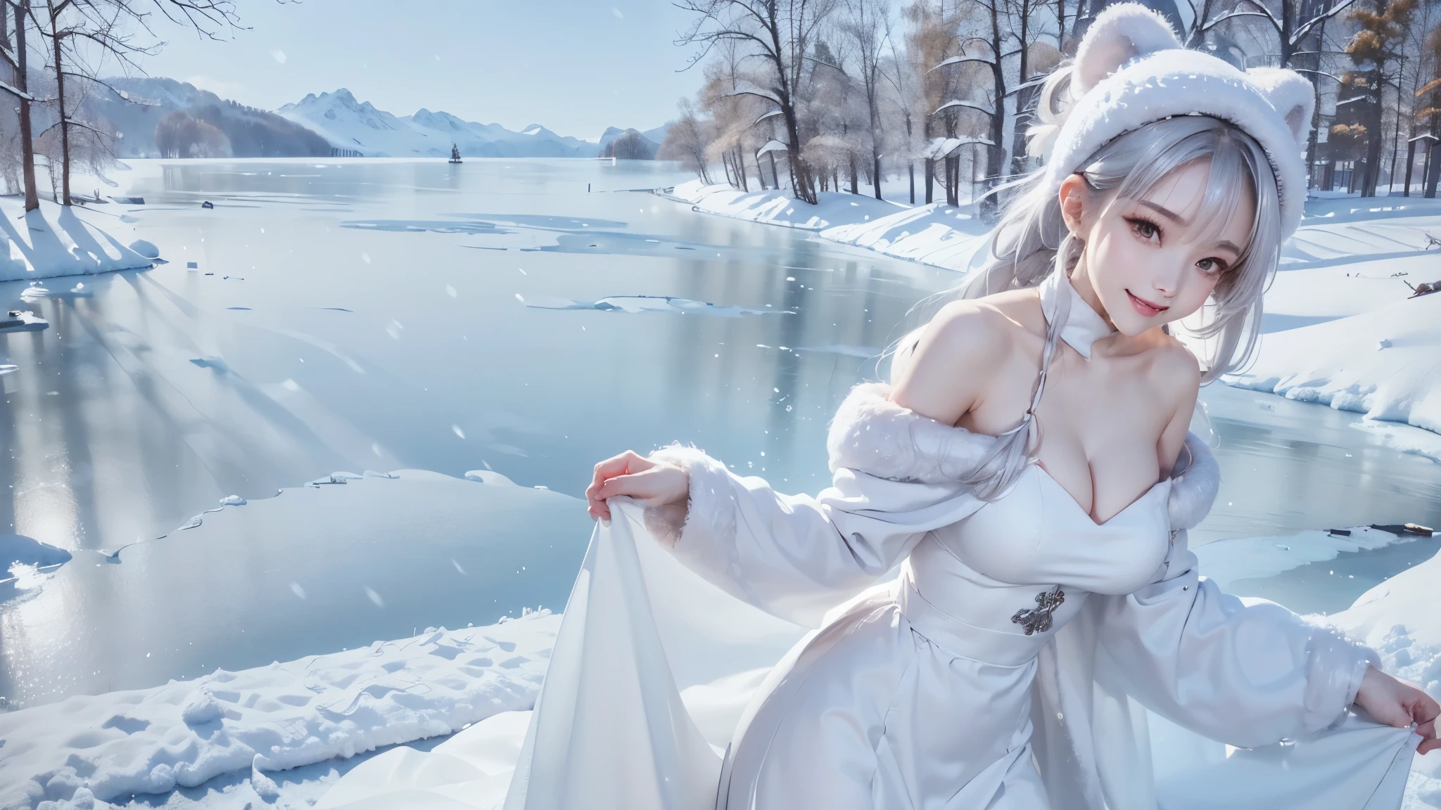 (close-up image) masterpiece、Highest quality、1 girl, winter, silver hair, Cute girl, smile, close mouse, large breasts, sideboob:1.4, white dress, off shoulder winter clothes, long skirt, Fur coat、Small waist、Thin legs、outdoors, front of the lake, snow falling, Prayer Pose, join hands, from front
