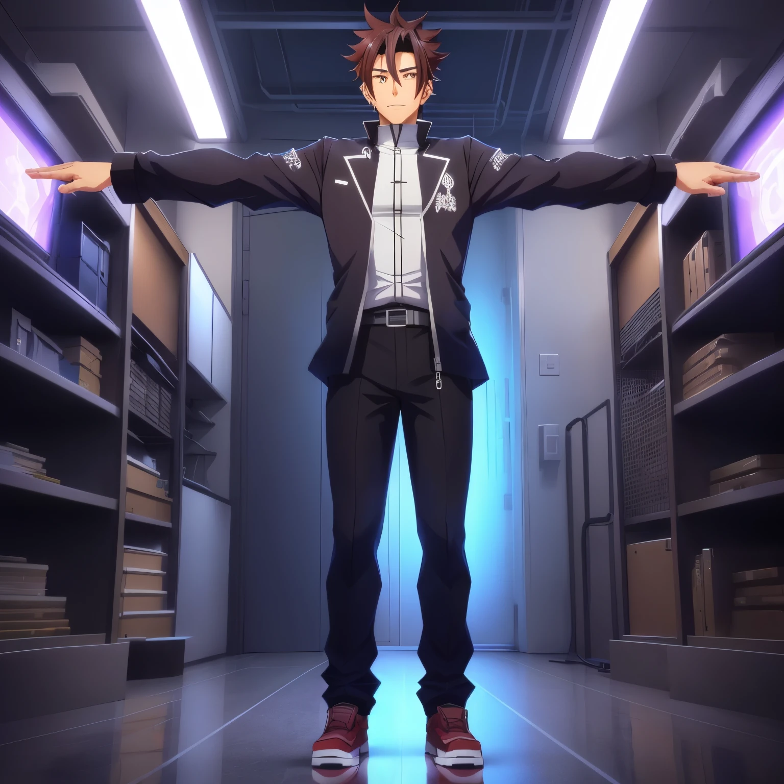 Male character in his 40s from 2d anime style adventure video game, front view. full body. T pose