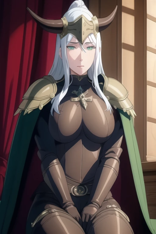 (high quality:1.2), intricate detailed, colorful,
VanessaCromwell, 1girl, mature female, solo, cowboy shot,
looking at viewer, determined,
white hair, long hair, green eyes,
armor, breastplate, shoulder armor, bodysuit, horned helmet, gloves, cape, cloak, (cape covering her arms 1.2)
large breasts, 
Room, sitting
 