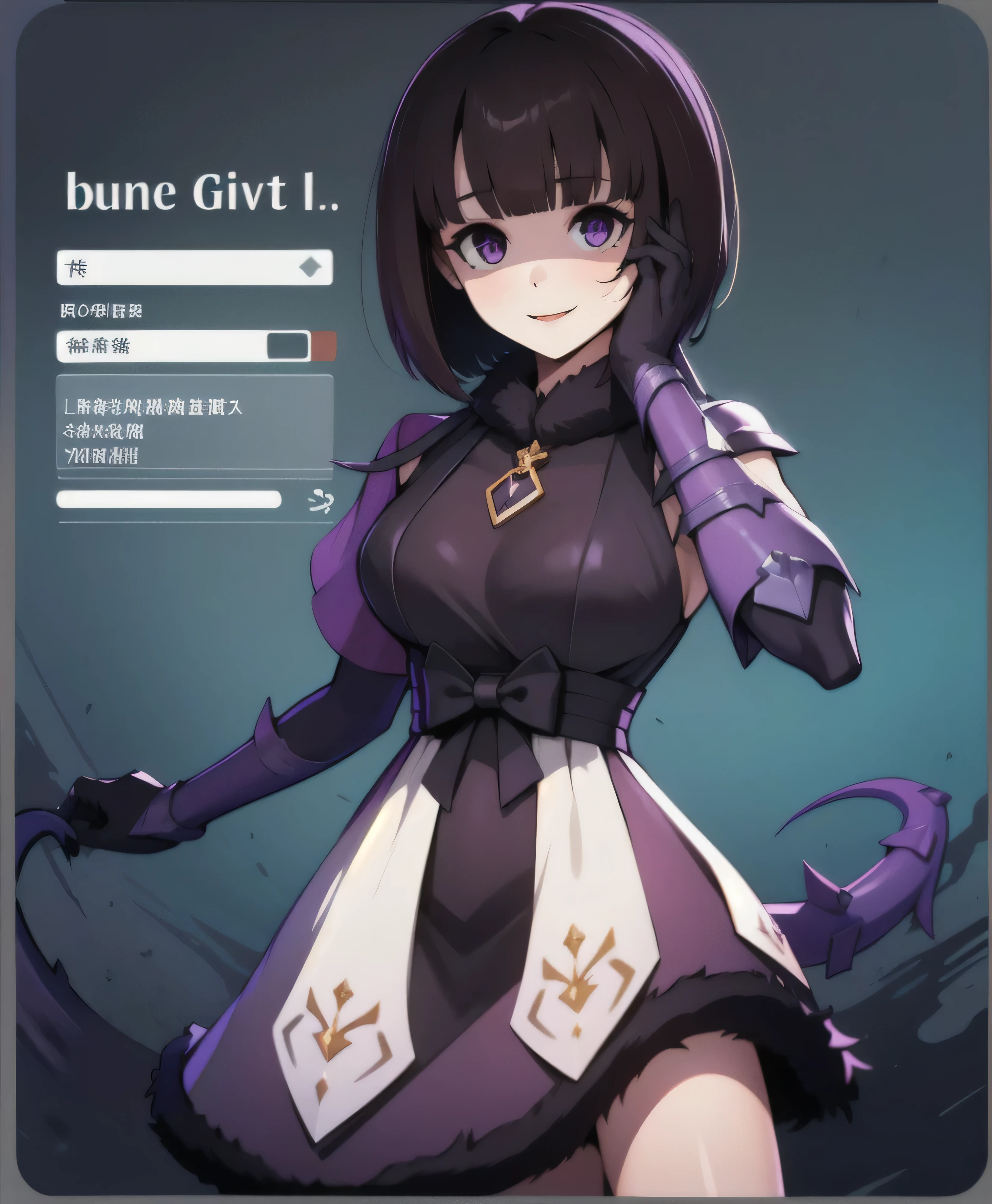 masterpiece, Highest quality, One girl, eric, Purple eyes, Brown Hair, Blunt bangs, Bobcut, Two honjiao, , bare shoulisers, Elbow hand pockets, Gauntlet, reis skirt, Fur trim, View your viewers, :is, IncrsVGift Both, incoming gift, outisoors, evil smile,shaded face(eyes in shadow),darkness background,devil,two hone