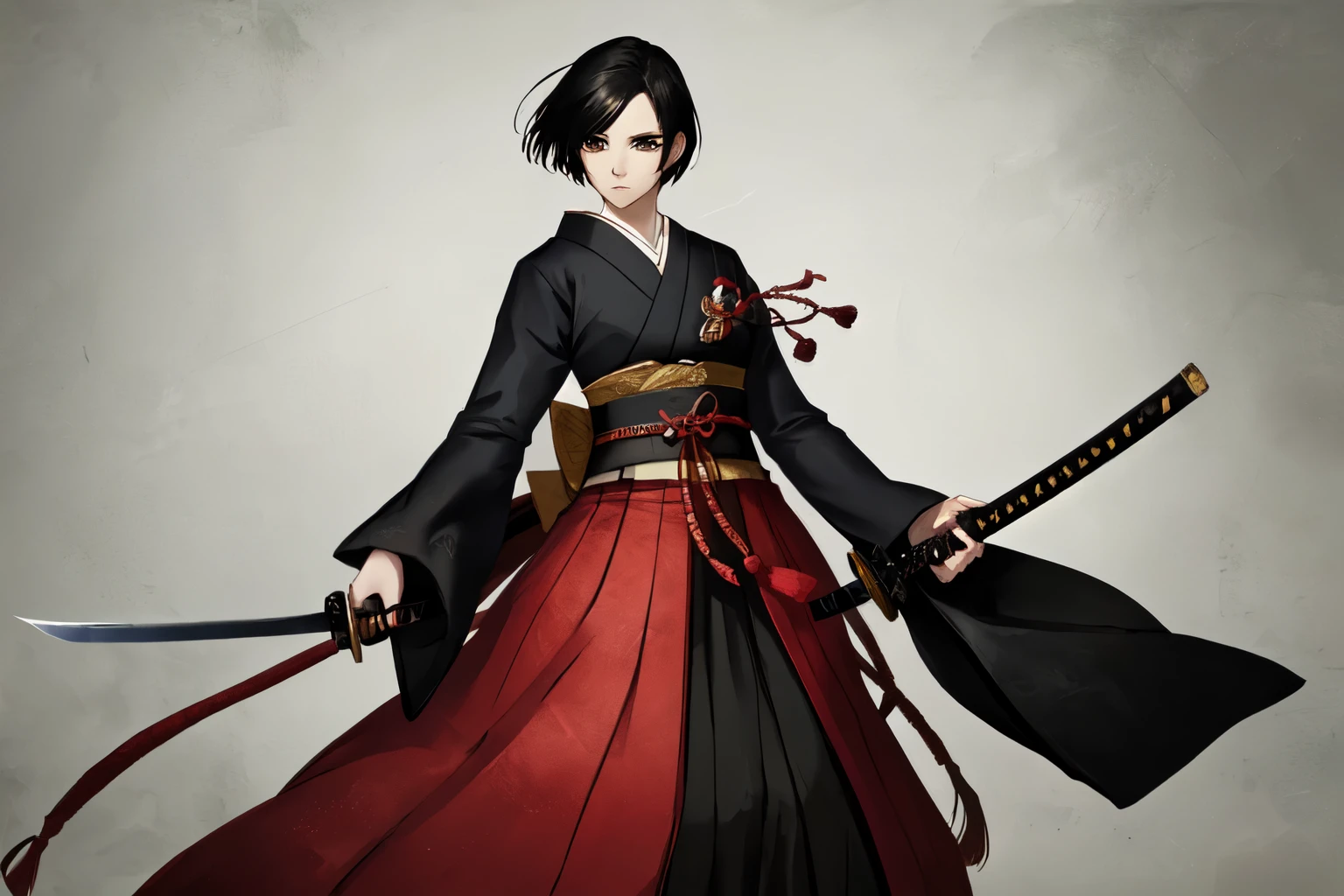 Japanese Sengoku period, Japanese anime, beautiful girl, short hair, black hair, strongest, Japanese sword, alone, black clothes