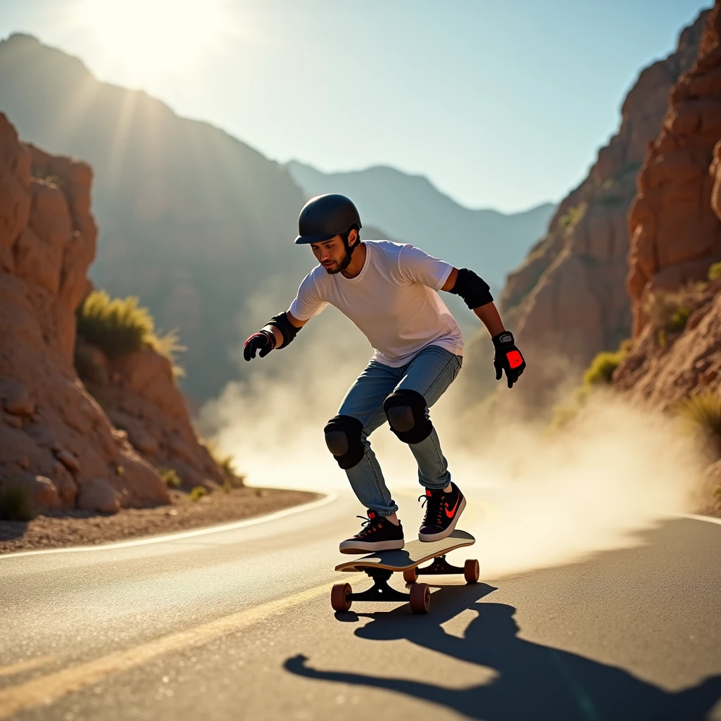 a professional skateboarder speeding down a mountain road, wearing a black helmet, a loose white t-shirt, denim jogger pants, black knee pads, and red protective gloves, riding a longboard with nike sb skate shoes visible, rugged mountain with canyons and nature surrounding it, dust fluttering in the air, enhancing the sense of speed, professional finish with a raw style, capturing the intense motion and energy, (best quality,4k,8k,highres,masterpiece:1.2),ultra-detailed,(realistic,photorealistic,photo-realistic:1.37),HDR,UHD,studio lighting,ultra-fine painting,sharp focus,physically-based rendering,extreme detail description,professional,vivid colors,bokeh,action sports,adrenaline rush,motion blur effect,dynamic composition,dramatic lighting,gritty aesthetic