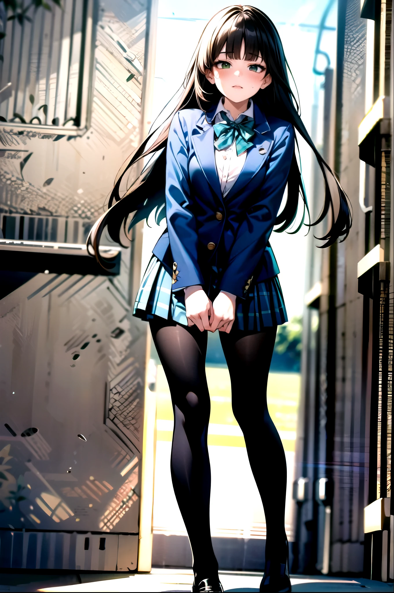 （（super high quality,Ultra-high resolution,4K,8k,super masterpiece,Ultra HD ,Detailed shading））,Full body photo,The park on a morning with a breeze,1 high school girl,Blue-green blazer,White dress shirt unbuttoned to the second button,A bright yellow striped bow tie,Brown plaid mini skirt,Skirt blown up by the wind,Holding a skirt with one's hand,Put your hands on your head,black tights,Long black straight hair,Side-swept bangs,Heterochromia of orange and green,Sharp gaze with raised eyebrows,Laughter,blush,Embarrassing,Leaning the body diagonally and tilting it forward,Sweaty,