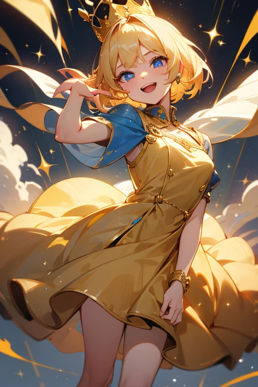 Short、Blonde short、Golden crown、Golden Dress、blue eyes、Sparkling decorations、A haughty young lady with upturned eyes and a high-pitched laugh