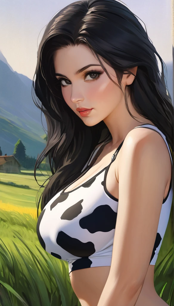 Cowgirl Goddess Beautiful Woman: Named Clarissa, appearing around 40 years old, depicted in an oil painting style. She has long black hair, very large breasts, and is wearing a cow-patterned crop top, She has a perfect face with black eyes, and a large butt. She is standing in a lush green meadow, exuding a serene yet captivating presence. The image should be highly detailed, 8k resolution, and capture the essence of a masterpiece, set in a picturesque and tranquil landscape.