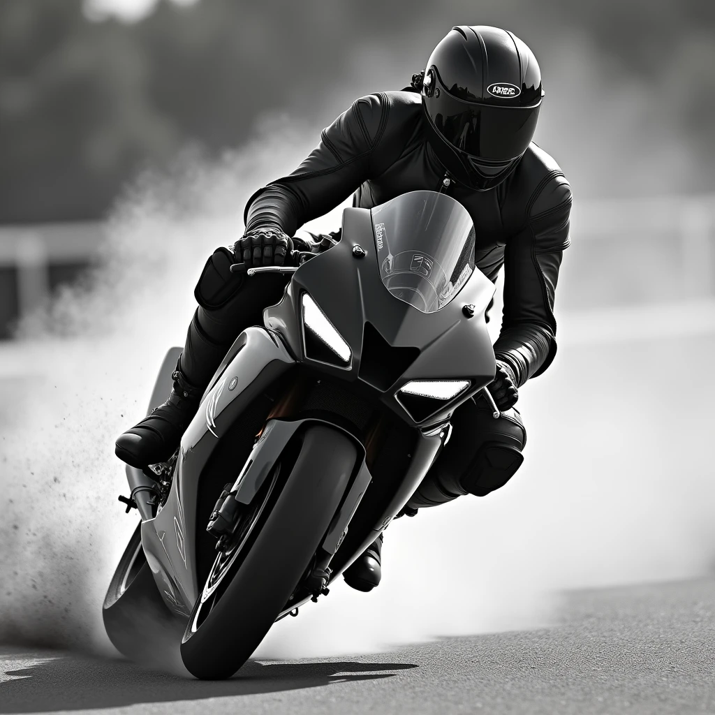 1 professional motorcyclist, high-speed sports bike, black helmet, leather racing suit, black and white, protective padding, riding boots, leaning into turn, tires gripping track, sparks and dust, blurred background, raw, rough style, professional quality, thrill and power of motorcycle racing