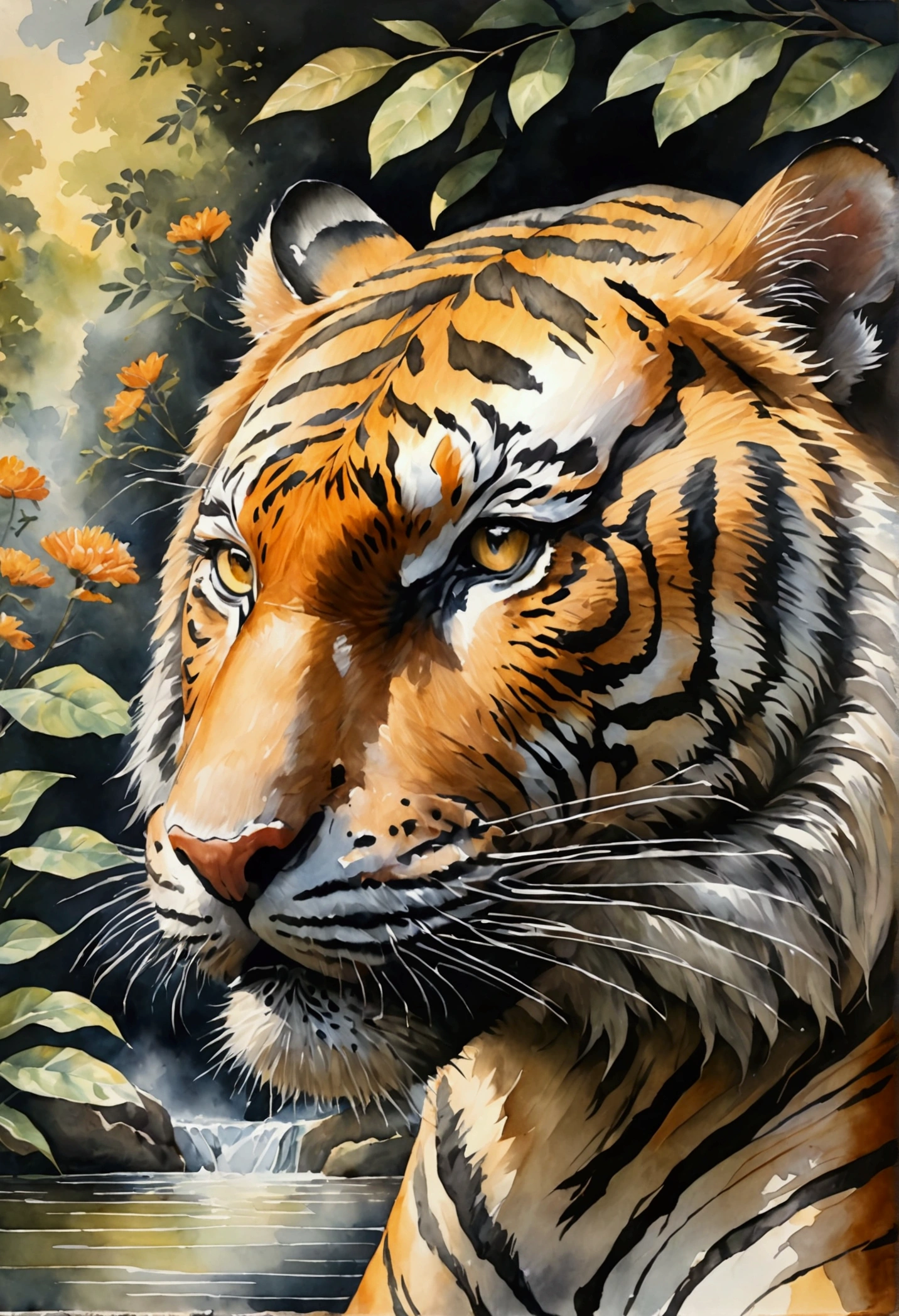 ‚Painting a tiger, unique, never been there, Trend Aquarell, detailed, realistic rendering, old oil painting