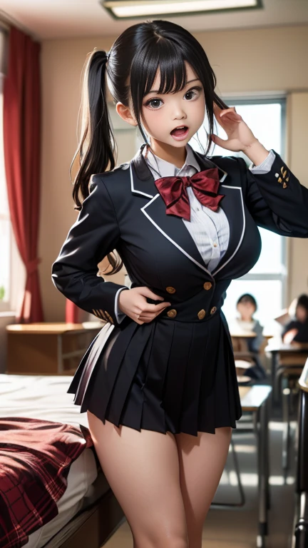 ((1 person)), ((Furious look))、((She is very angry))、Bedroom、masterpiece, Highest quality, 8k, Young and beautiful, Baby Face、The clothes are big 、Morphologically correct、 (Round face), Cute Face, Thighs, Poolside、smile、 Compensate, 10 generations, Detailed face, Background Blur、((((((high school girl))))))、(((uniform)))、((濡れたuniform)), ((タイトなuniform)), Close-fitting clothes, Written boundary depth, Tight waist、 ((Big Breasts))、(((ハイレグuniform:1.2)))、Underarm, (Please raise your hand),, (Black Hair)、(Low Twintails)