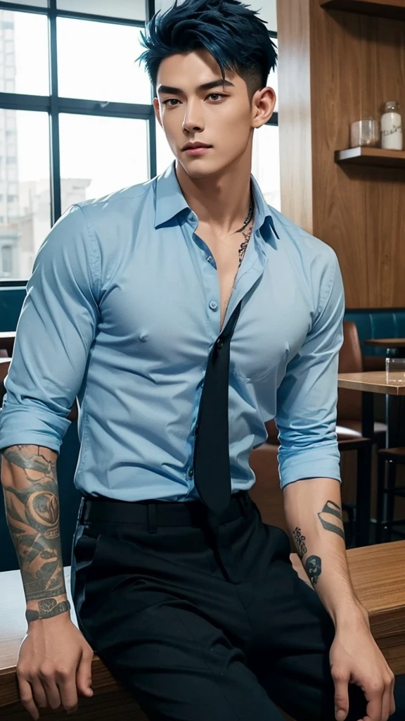 A hot muscular young man, in formal sky blue shirt and black pants, buttons are open, showing his bare chest, sky blue hair, sky blue iris, sitting in a cafe, a sexy look on his face, tattoos on his chest.