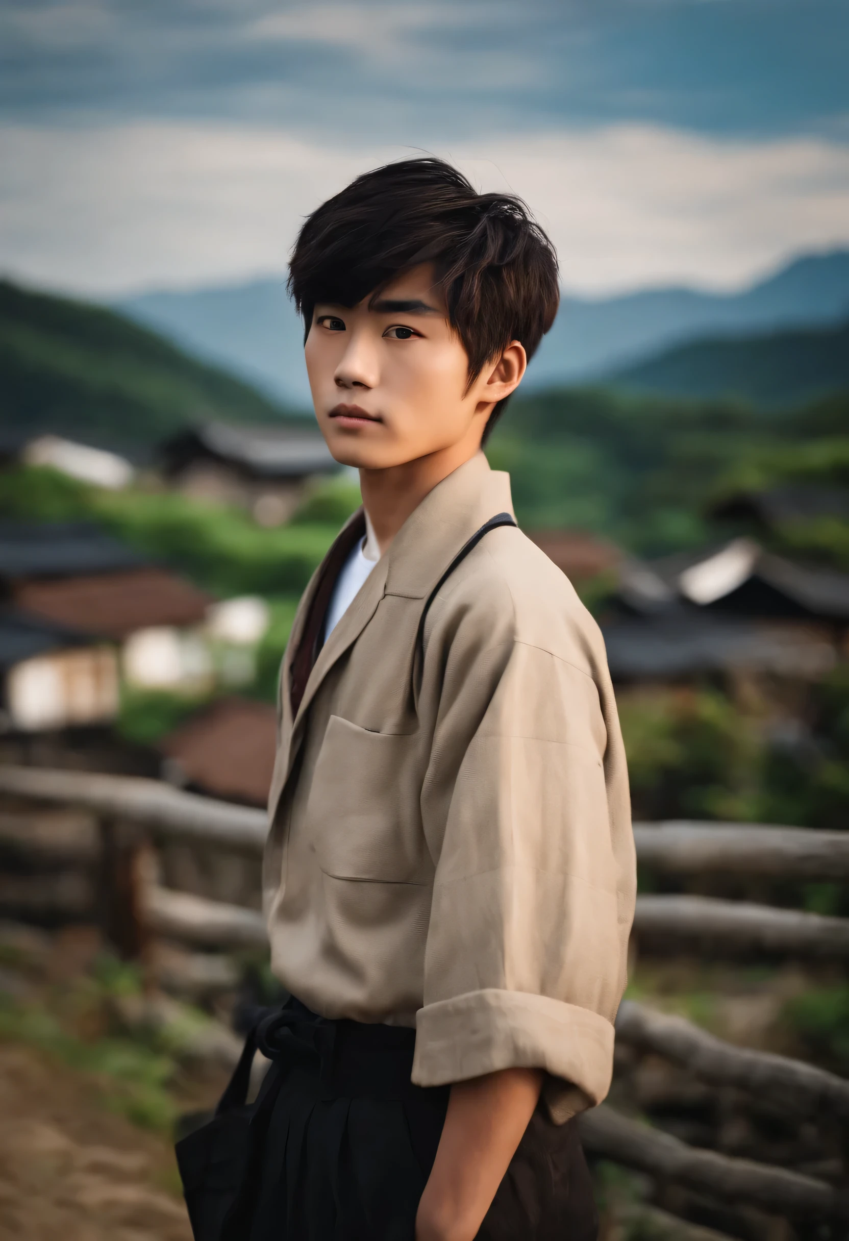 an Japanese boy, 20 years old, a village background, looking straight