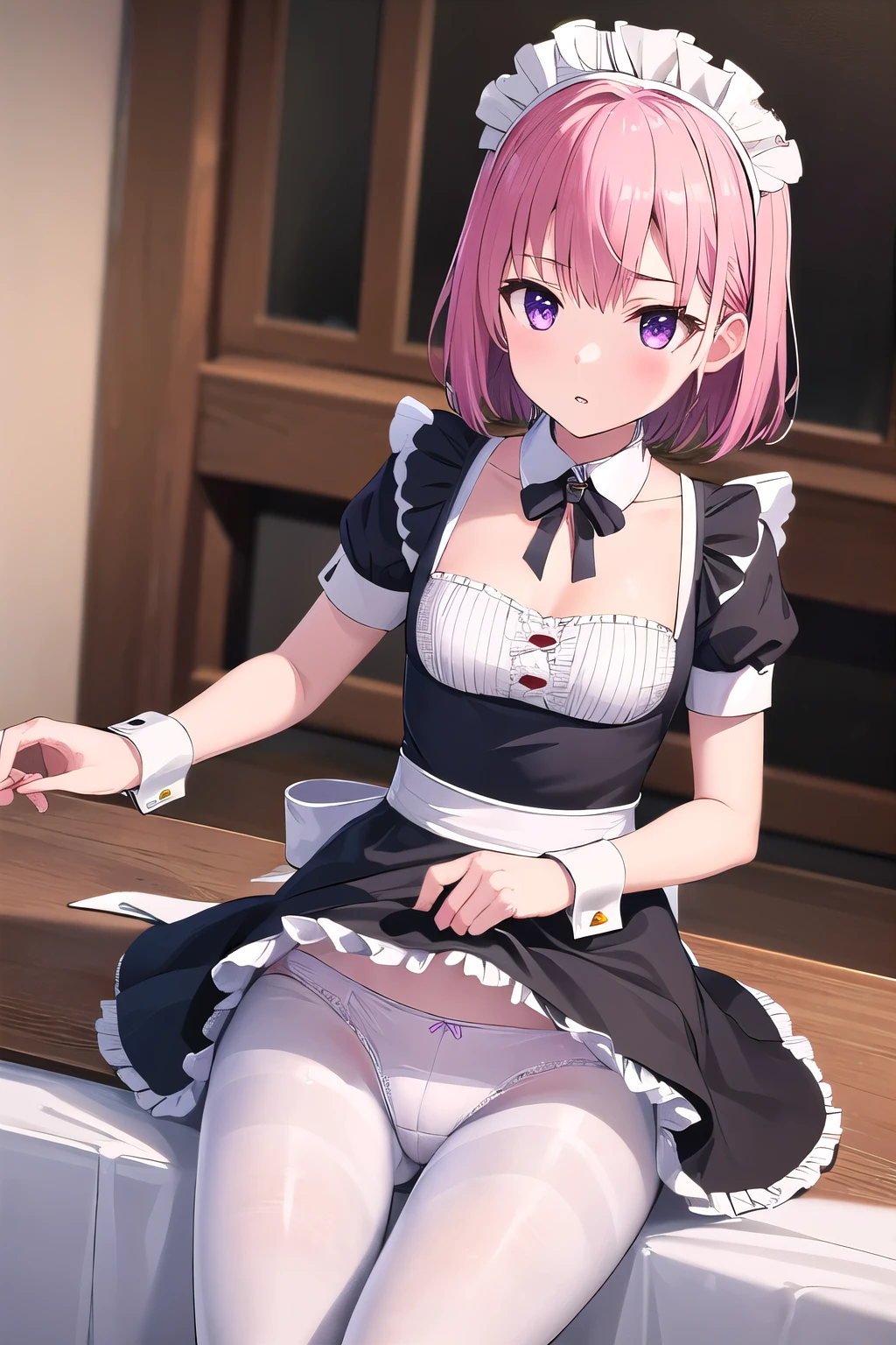 (Tabletop, highest quality, Super detailed), One Girl, Purple eyes, pink Hair, Short Hair、Perm Hair、((White hose))、(Bedroom)、((Maid clothes))、Long skirt、((Pantidium chest