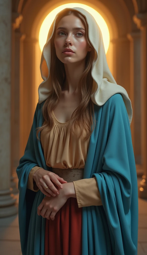 masterpiece, Highest quality, Ultra-realistic, Ultra-detailed, 8k resolution, RAW Photos, Sharp focus, (Very beautiful young Virgin Mary), Halo, alone, Gorgeous face, A gentle gaze, Portraiture, Reddish beige tunic, Blue cloak and veil, Chapel, Cinematic, Cinematic light