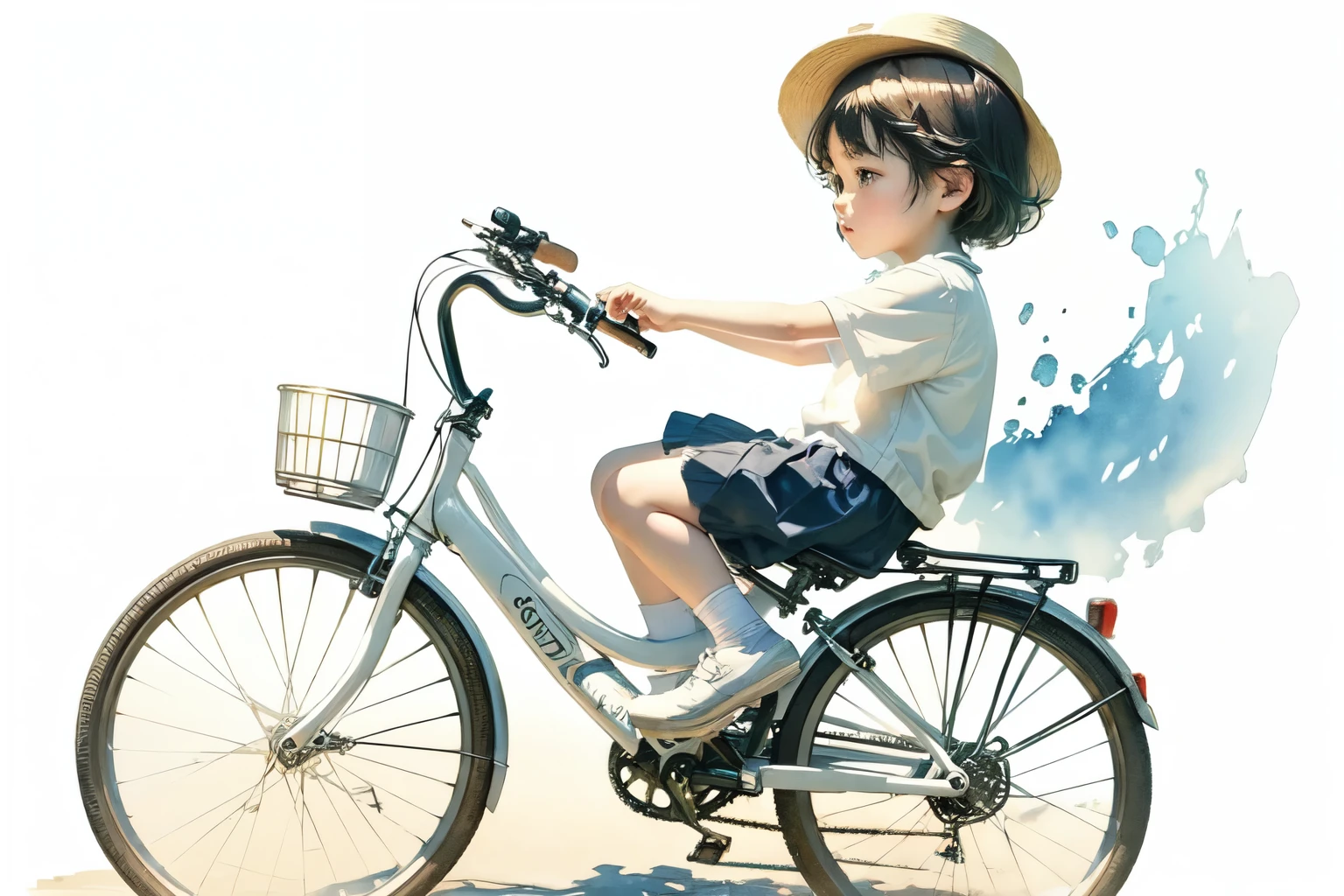 (Highest quality、masterpiece)、(5-year-old riding a bicycle)、(Helping Dad:1.2)、(Children's bicycles、whole)、(From the side)、(Cute Face)、short hair、White clothes、shoes、(No background)、White Background、Blur the background、(Watercolor of singer Sargent)、Impressionist style painting、