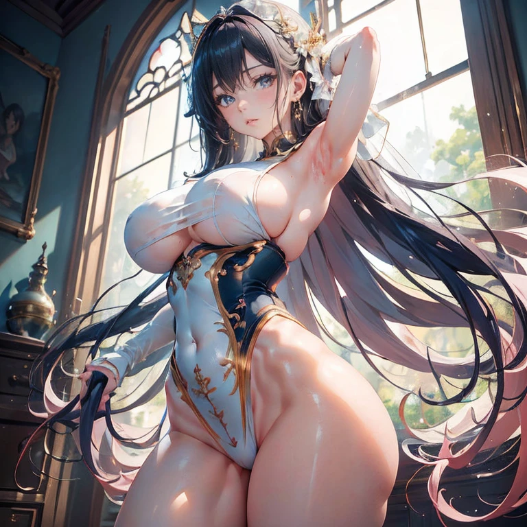 Anime Kawaii sexy Perfect Slim sensual body large breast and huge thighs, An intricate and highly detailed illustration of anime (Young girl).Seems graceful and elegant. Women for a long time, Her wavy hair cascades over her shoulders, bangss、((academy))、(volley_'s uniform)、(seductively pose、show me your armpits)、cowboy shot、A soft light illuminates her face, Adds facial features and the soft curves of the lips. natural light coming in through the window, Gives a warm glow to women and those around them...。. todo composition of the image, Soft focus and a soft color palette, ((, Scrawny, cinched waist, fine thighs, Thin arms)),ssmile