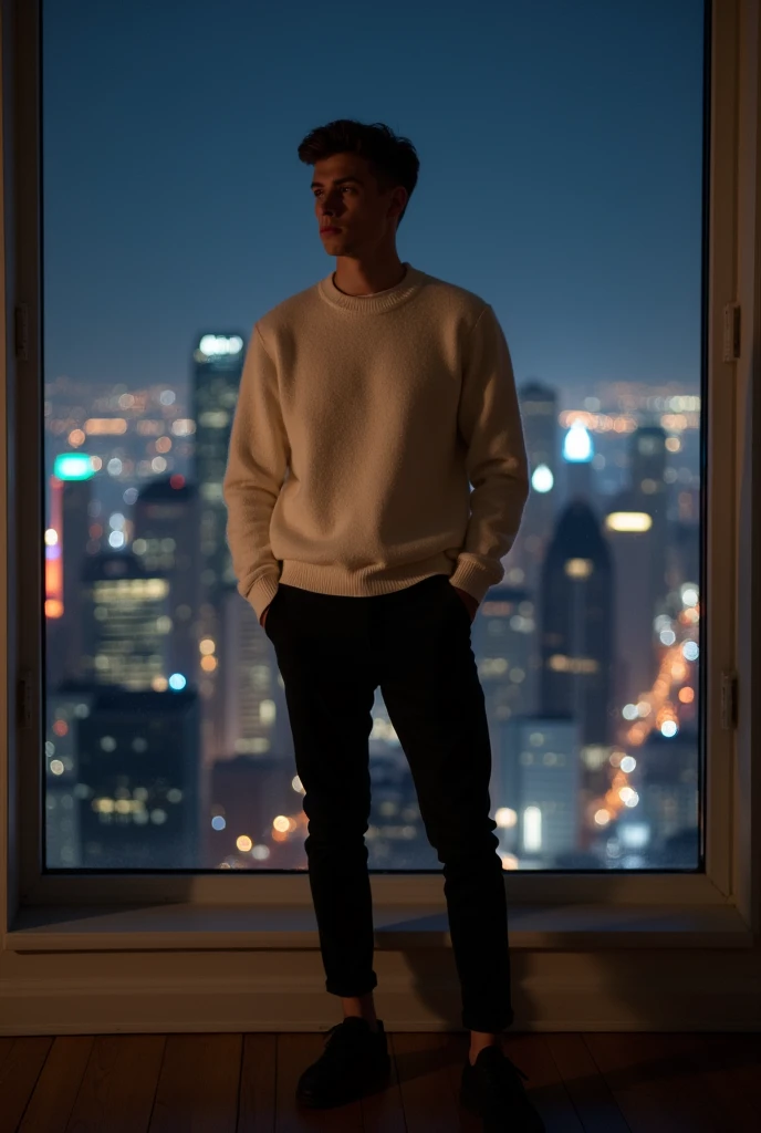 Generate a young man in his twenties wearing black pants and a white sweater, that he is in a room, that it is night and that you can see a large window in the background where you can see a city with buildings 