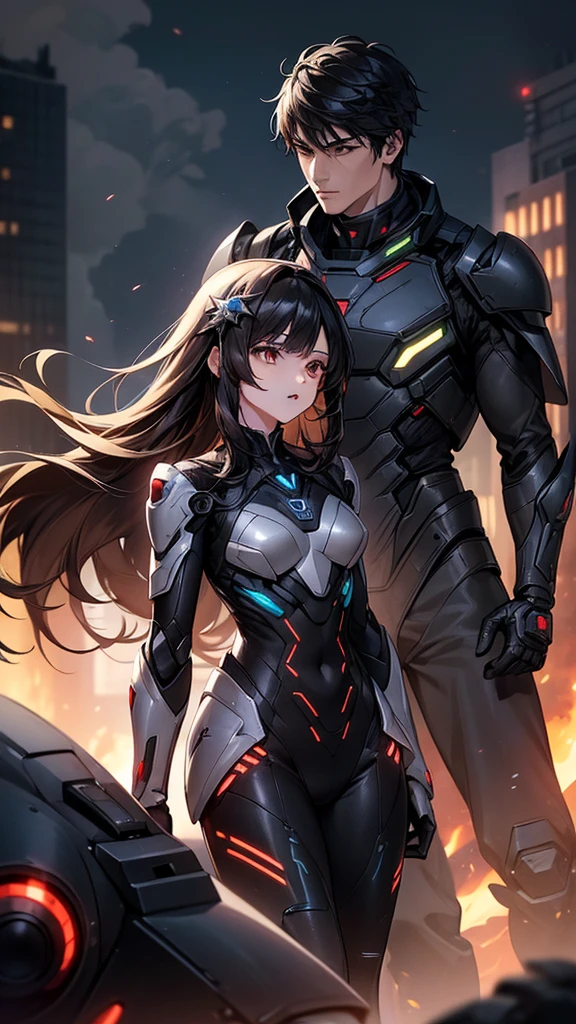 ((1boy)), ((futuristic combat suit)), ((black suit)), black hair, brown eyes,
((1girl)), small breasts, ((futuristic combat suit)), long brown hair, crescent hair ornament, brown eyes, (((couple))), (((hetero couple))), combat zone, destroyed city, night, smoke, fire