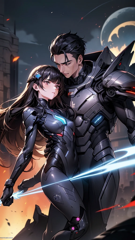 ((1boy)), ((futuristic combat suit)), ((black suit)), black hair, brown eyes,
((1girl)), small breasts, ((futuristic combat suit)), long brown hair, crescent hair ornament, brown eyes, (((couple))), (((hetero couple))), combat zone, destroyed city, night, smoke, fire