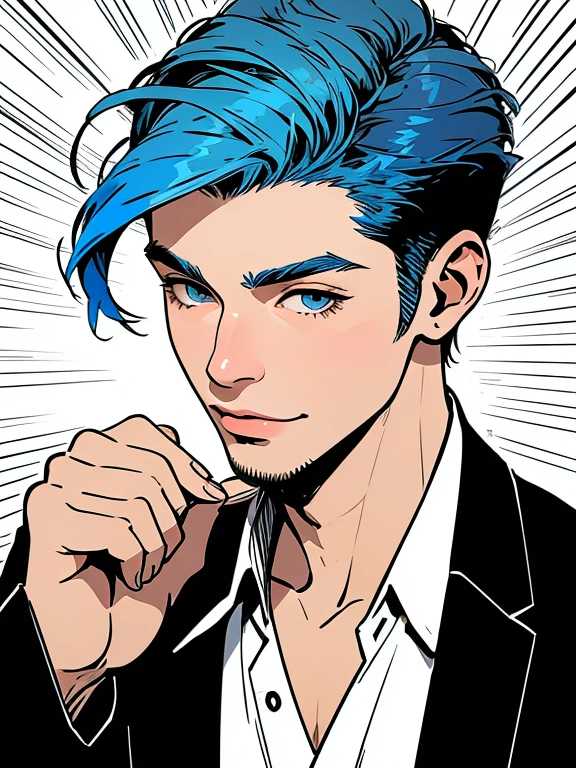 (((using focus lines)))、(((Illustration of a young handsome man with blue hair))),