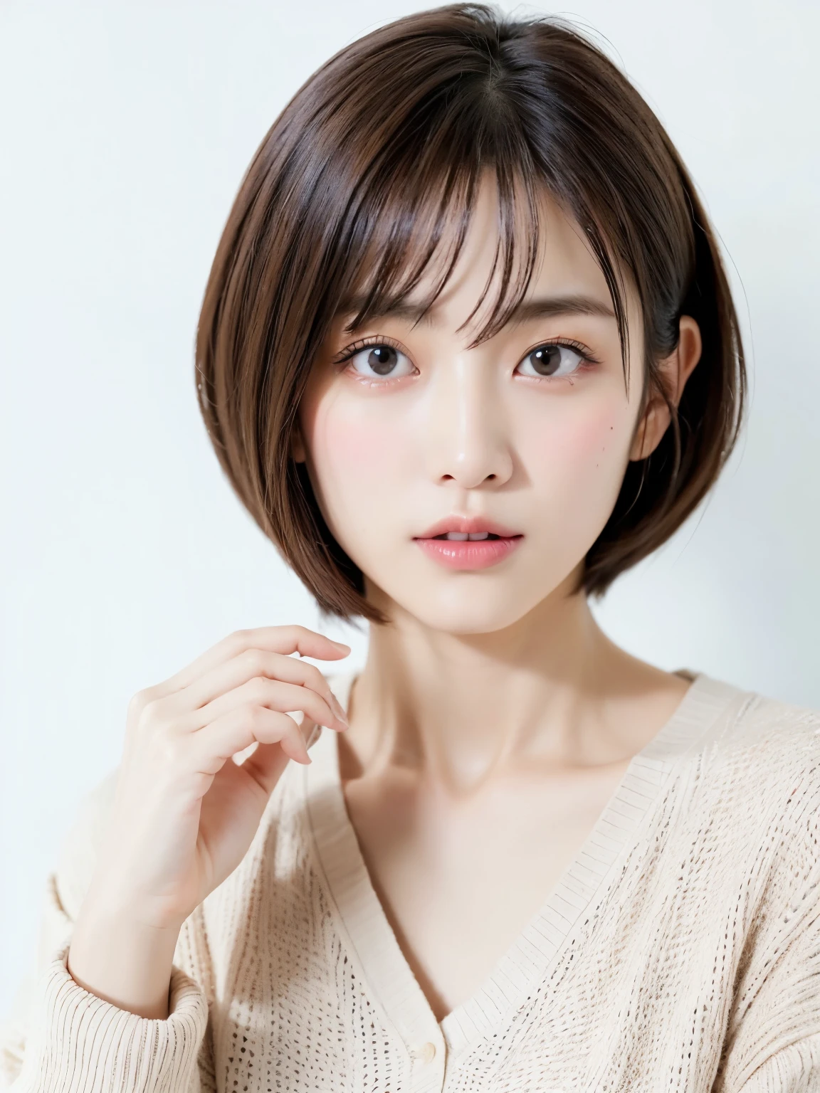 (Highest quality、8k、32K、masterpiece、Hmph:1.2)、Cute Japanese Women Photos、Photographed in front of a white wall、Photographed in natural light、Upper Body、Surface Focus、Long sleeve shirt、Simple Necklace、From above、Mix 4、(8k、RAW Photos、Highest quality、masterpiece:1.2)、(Realistic、Photorealistic:1.37)、1 person、Photon Mapping、Physically Based Rendering、Excellent image quality、High resolution、1080P、(Beautiful face)、(Detailed facial depiction)、(Detailed description of the hand)、(Masseter muscle area)、(Detailed CG)、 Extreme light and shadow、masterpiece、Rich details、(exquisite features)、(Best image quality)、(masterpiece)、(Detailed eyes)、I look forward to seeing you、Delicate clavicle、Various poses、Open your mouth a little
