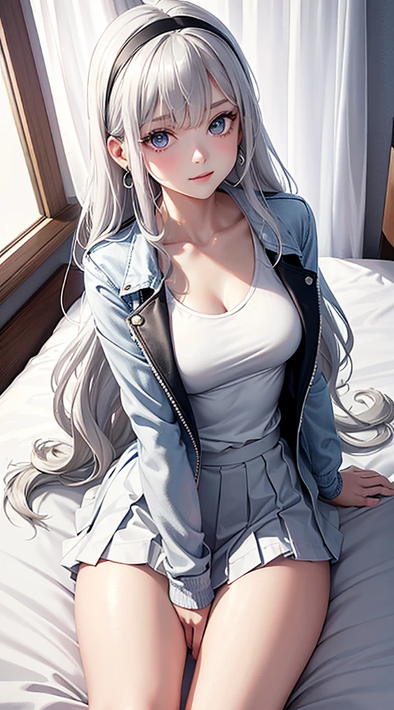 1Girl, 25 years, Solo, Anime, Ideal body, (Cleavage, Small breast). Beautiful, Gorgeous, Fresh, Blunt Bangs, (White Grey Hair:1.5),(Straight and Wavy Long Hair:1.3), colorful, jacket, suit, girly shirt, girly dress, girly skirt, camisol, cotton texture, laced, panty hose. Off-Shoulder, Oversize, Comfort, Loose shirt, Fabric Texture. (Sit on bed:1.3). Earrings, Thin Black Headband, Green Accessories, Environmental Details, Bed Room, Natural Light, Modern Bed, Chair, Window, White Curtain, City View. pov, anime style, UHD, retina, masterpiece, accurate, anatomically correct, textured skin. High Resolution, Looking at viewer, Blush, Best Quality, Award Winning, Accurate, Embarrassed, seductive smile, naught smile, horny, sweating, Naughty Face, Chin up, lips open, Gradient Eye Color. Top view shot, body bent to viewer ,front of camera, looking up to viewer, tongue out, open mouth. From Above, Close-Up, (sticky goo on breast), (white goo on body), (sweating). Milk, white milk on breast.