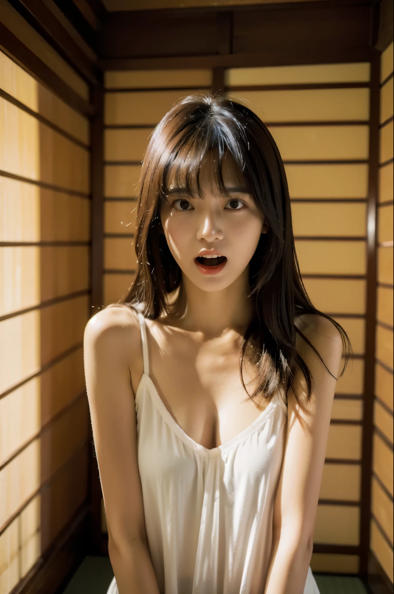 Highest quality,masterpiece,Ultra-high resolution,(Reality:2.0),Original photo,
One person,Shadow,Bangs between the eyes, Long Hair, Slightly open the mouth, Japanese,indoor,dress
