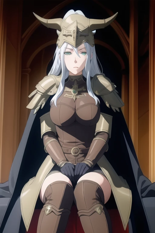 (high quality:1.2), intricate detailed, colorful,
VanessaCromwell, 1girl, mature female, solo, cowboy shot,
looking at viewer, determined,
white hair, long hair, green eyes,
armor, breastplate, shoulder armor, bodysuit, horned helmet, gloves, cape, cloak, (cape covering her arms 1.2)
large breasts, 
Room, sitting
 