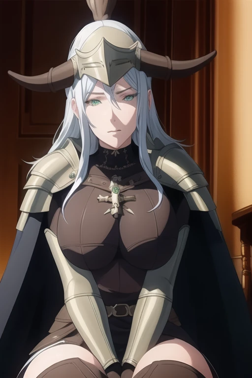 (high quality:1.2), intricate detailed, colorful,
VanessaCromwell, 1girl, mature female, solo, cowboy shot,
looking at viewer, determined,
white hair, long hair, green eyes,
armor, breastplate, shoulder armor, bodysuit, horned helmet, gloves, cape, cloak, (cape covering her arms 1.2)
large breasts, 
Room, sitting
 